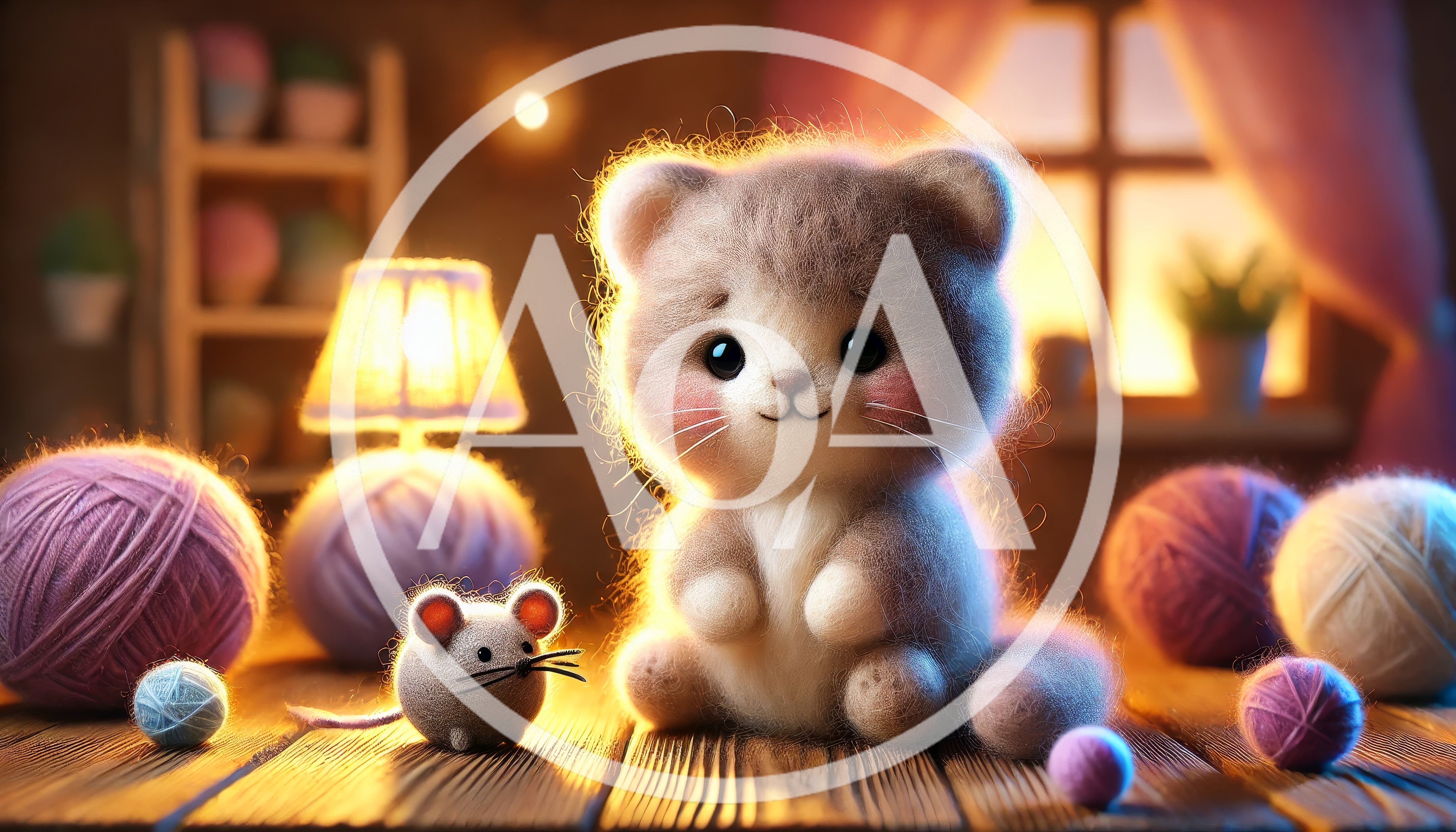 Cute Felted Kitten and Mouse Toy on Wooden Table