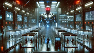 Futuristic Cybernetic Laboratory With Androids In Containment Units