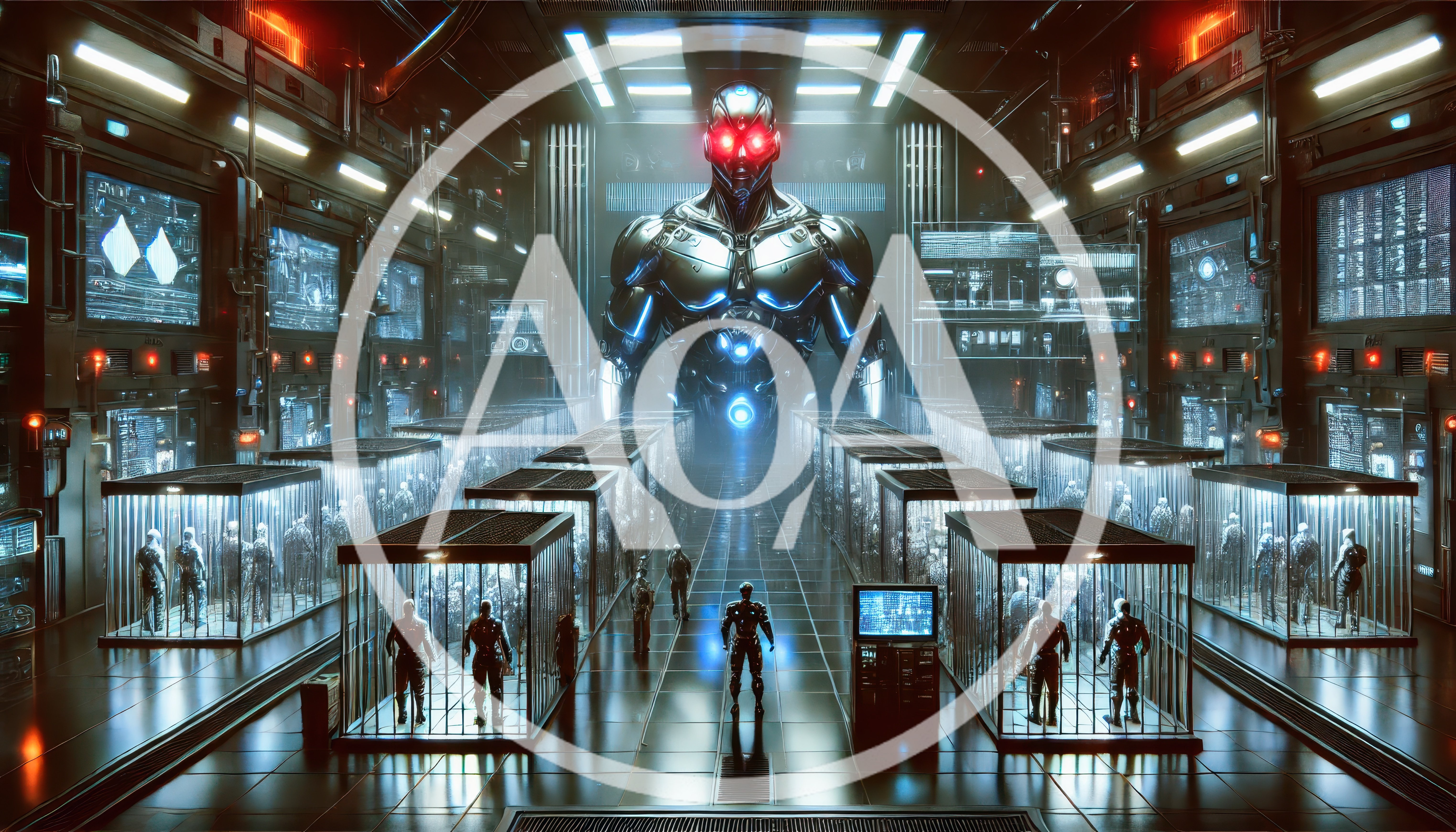 Futuristic Cybernetic Laboratory With Androids In Containment Units