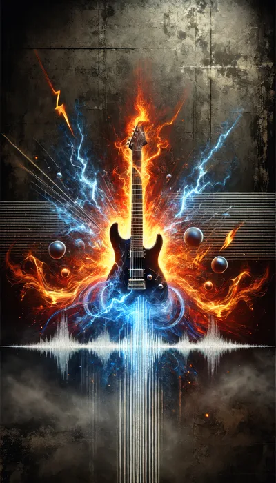 Electric Guitar Surrounded By Fire And Lightning Energy