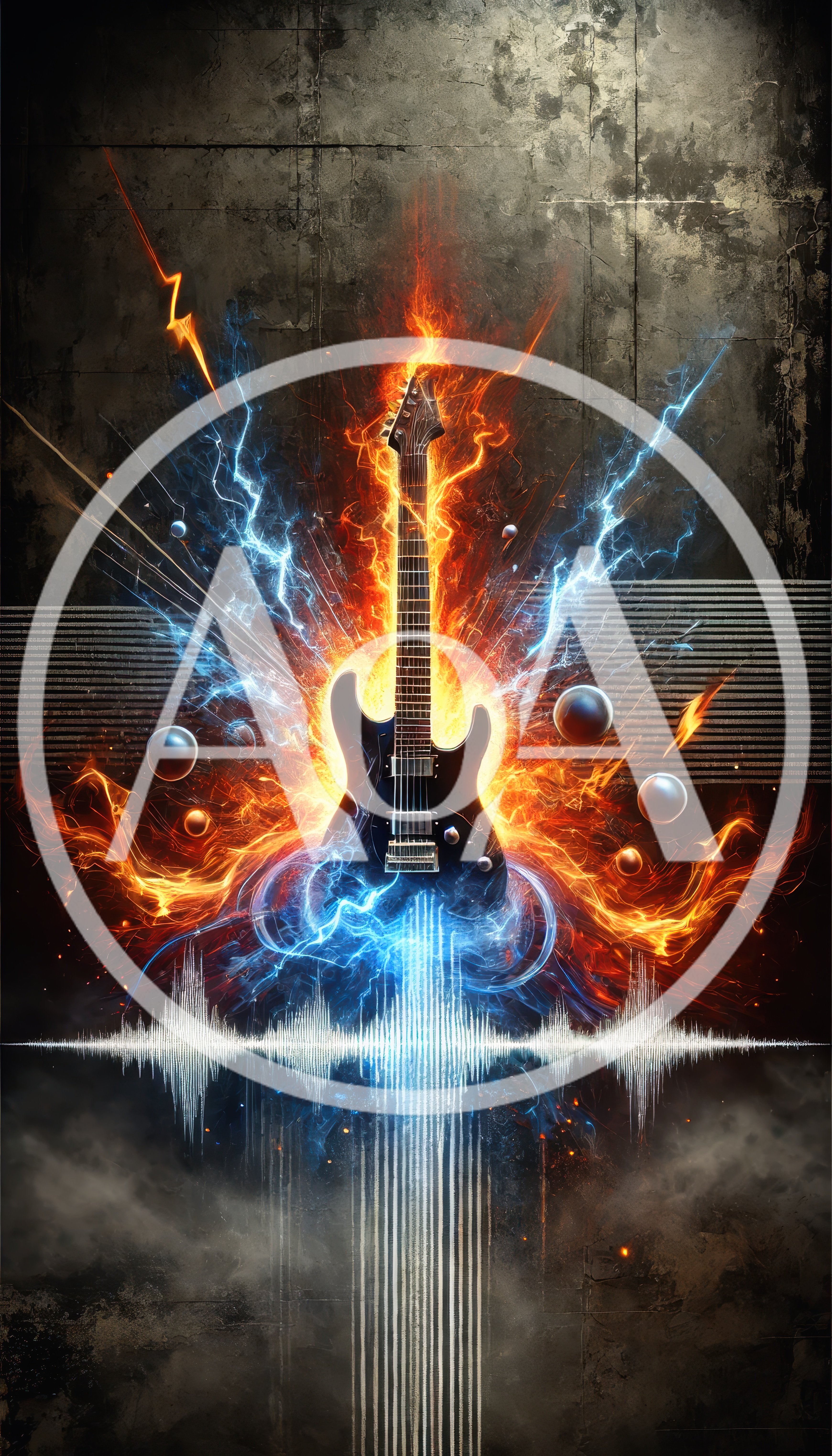 Electric Guitar Surrounded By Fire And Lightning Energy