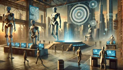 Futuristic Robot Laboratory With Human Technicians In Cityscape