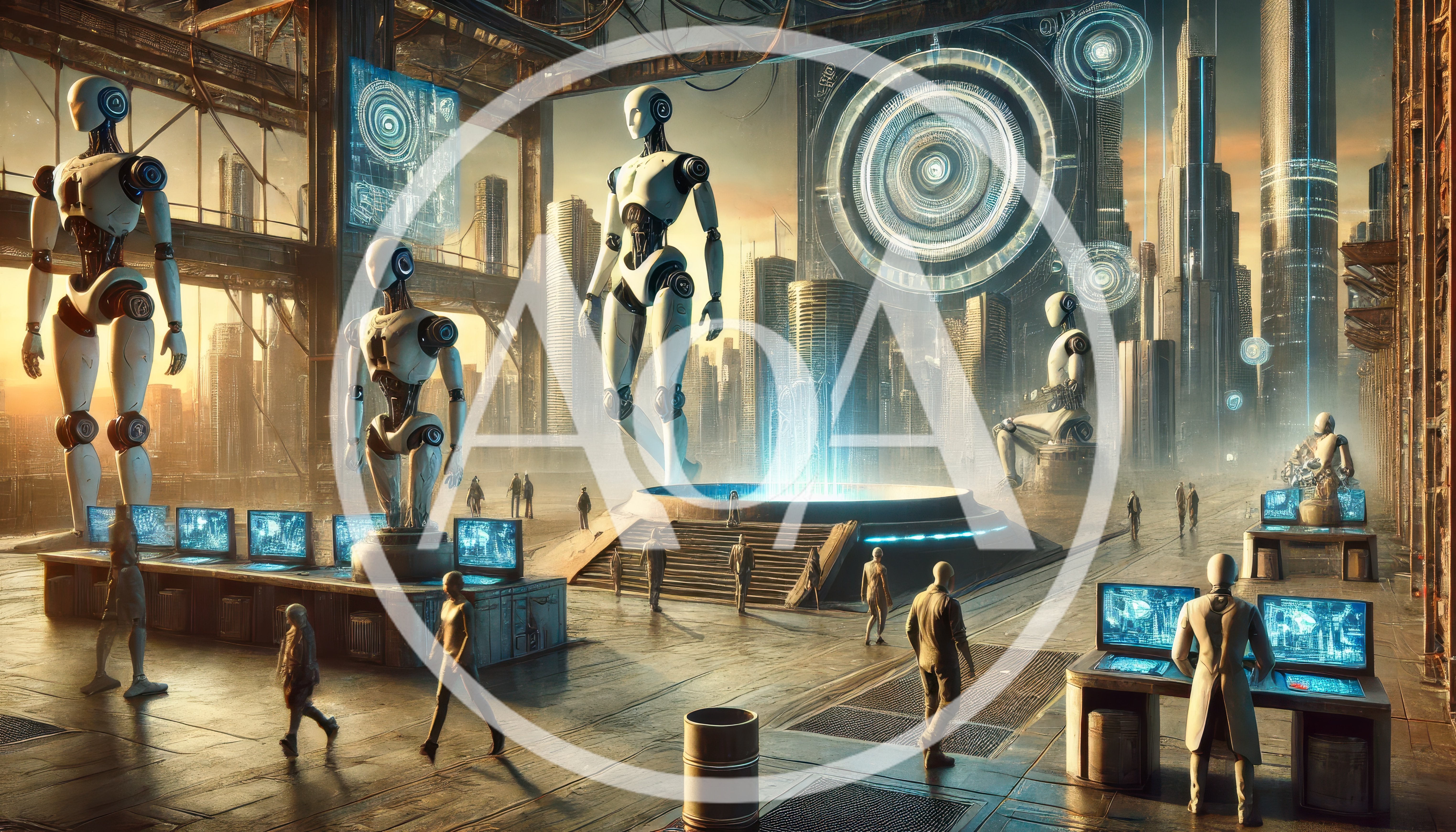Futuristic Robot Laboratory With Human Technicians In Cityscape
