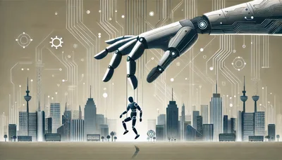 Robotic Hand Controlling Human Puppet Over Cityscape