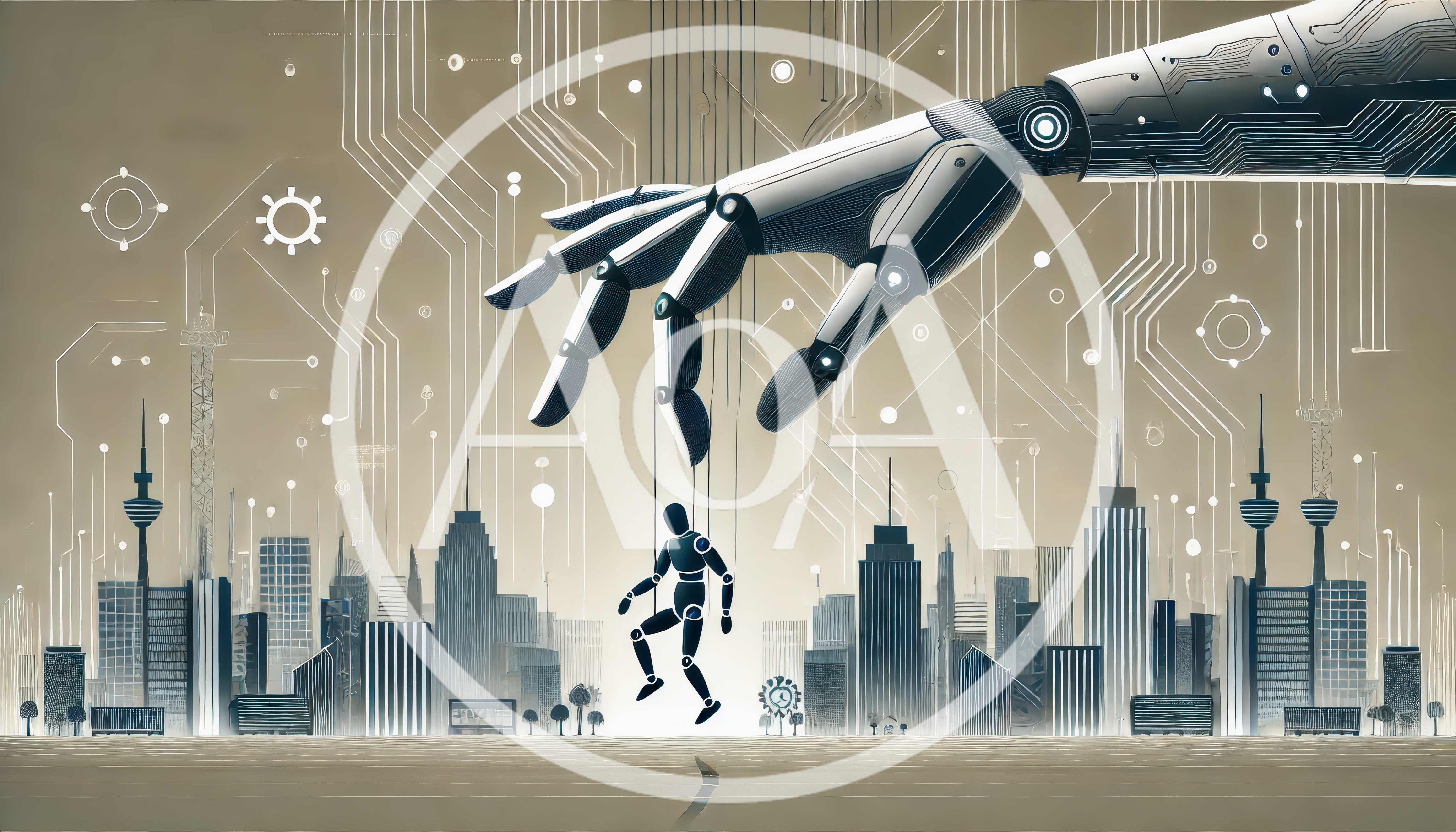 Robotic Hand Controlling Human Puppet Over Cityscape