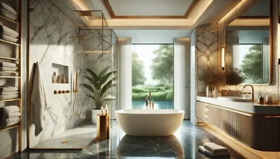 Luxury Modern Bathroom With Marble Walls And Bathtub