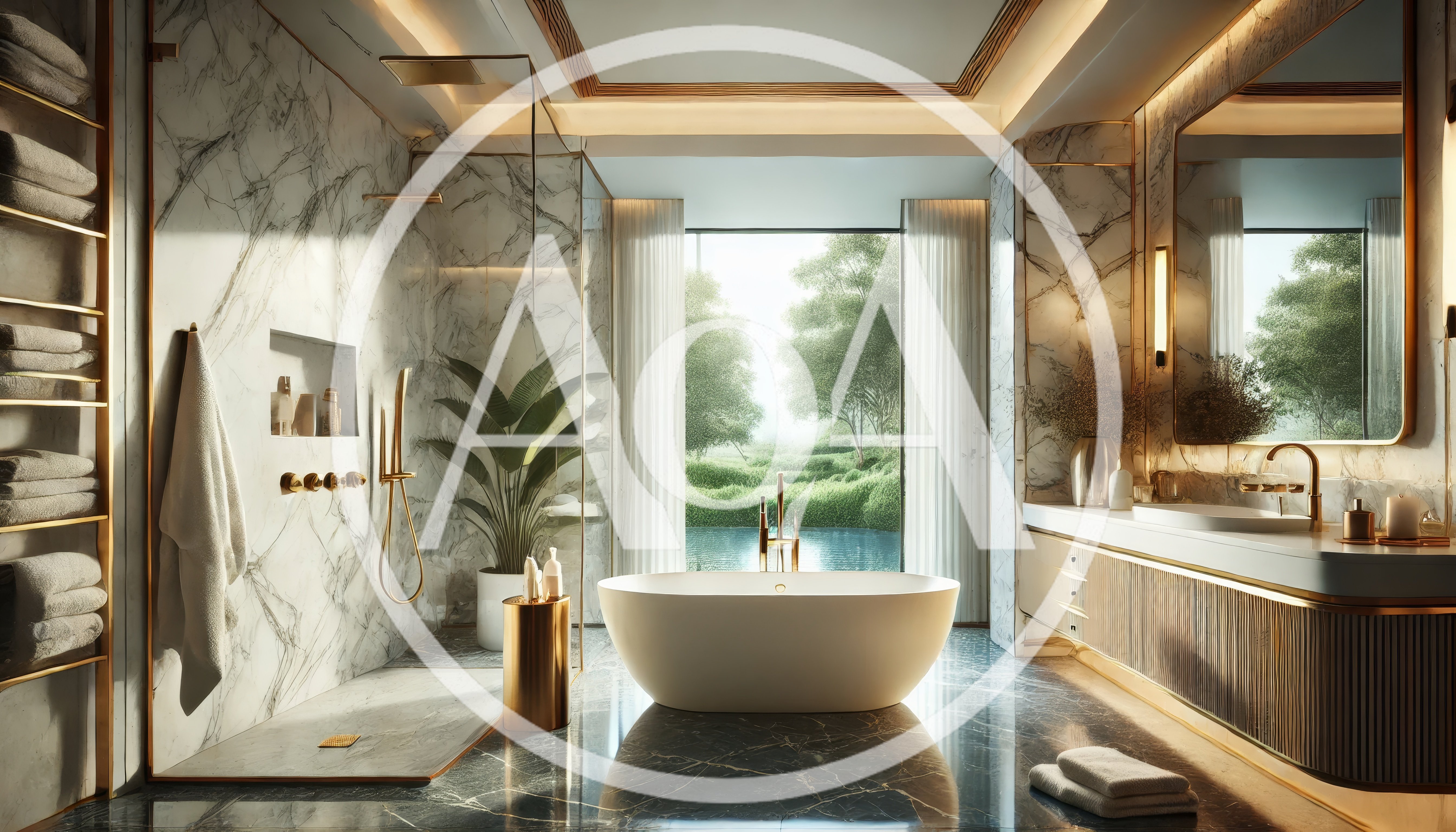 Luxury Modern Bathroom With Marble Walls And Bathtub