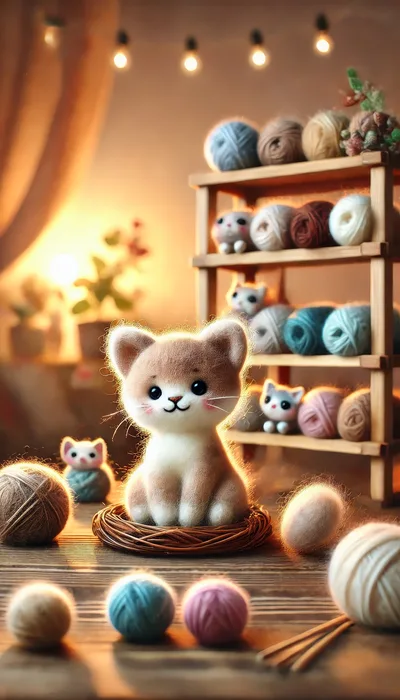 Felted Miniature Cat Figurine Surrounded By Yarn Balls