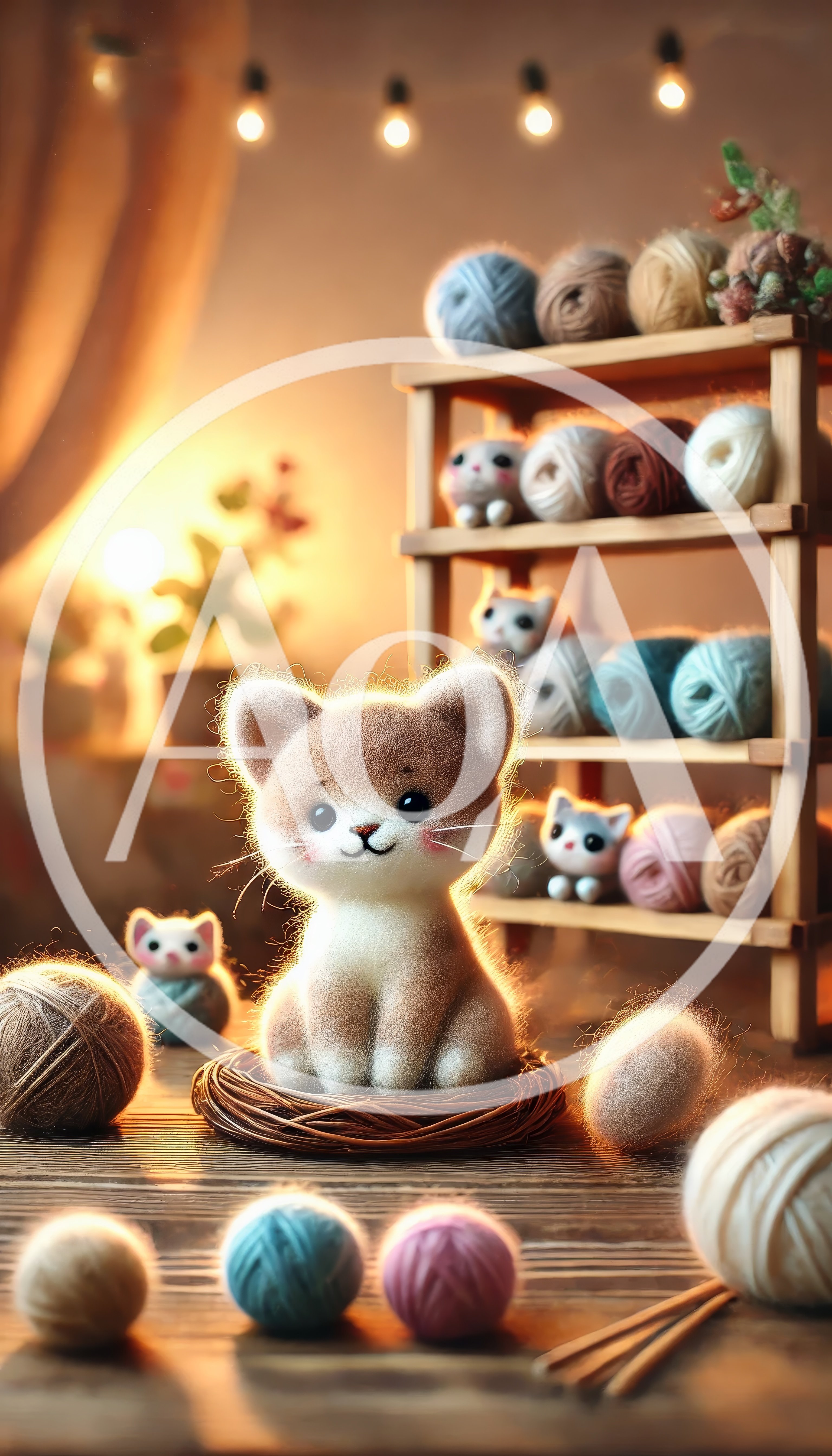 Felted Miniature Cat Figurine Surrounded By Yarn Balls