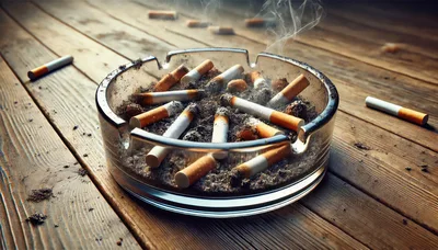 Glass Ashtray Filled With Cigarette Butts On Wooden Table