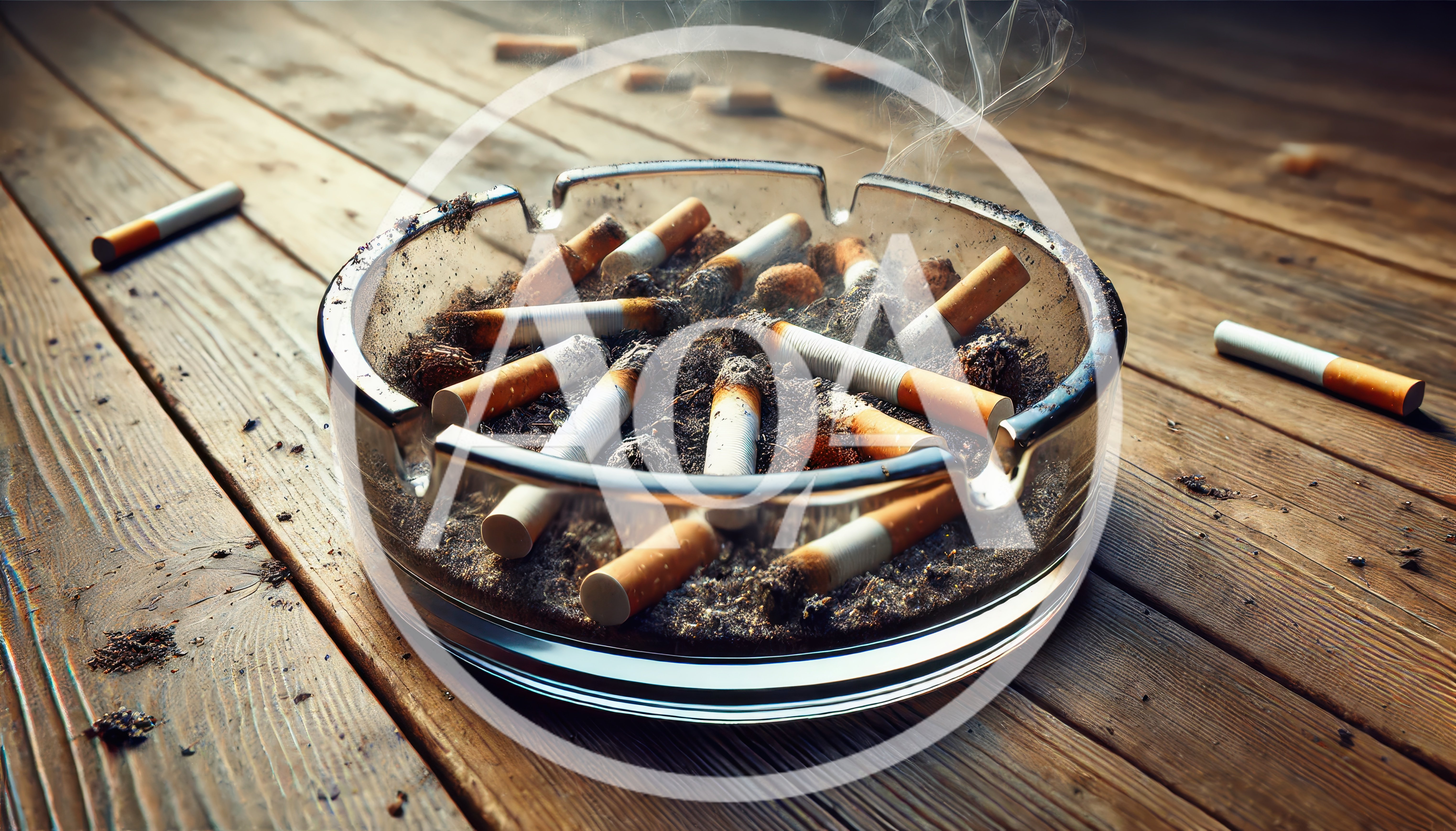 Glass Ashtray Filled With Cigarette Butts On Wooden Table