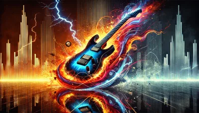 Electric Guitar Surrounded By Fire And Lightning