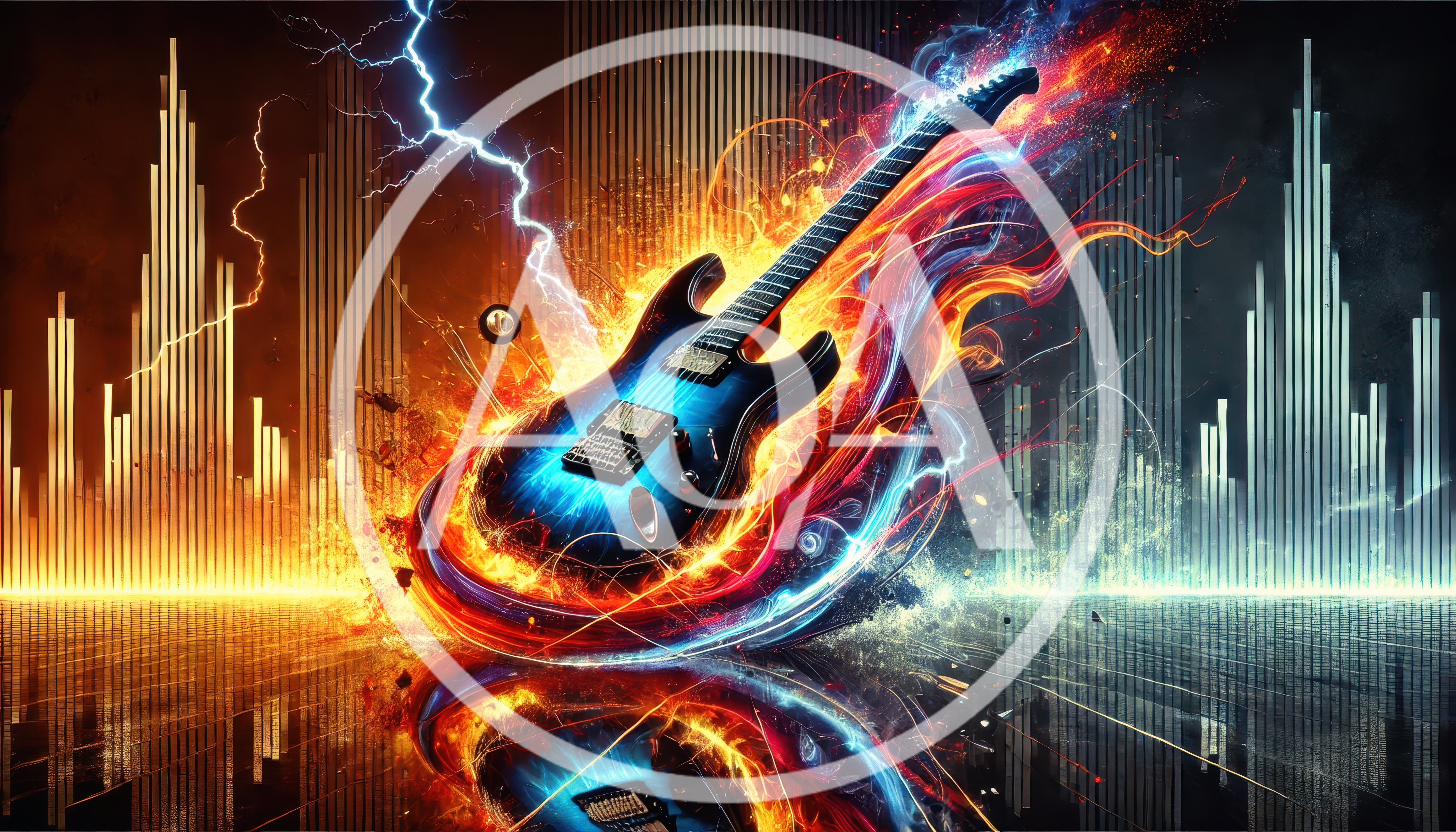 Electric Guitar Surrounded By Fire And Lightning