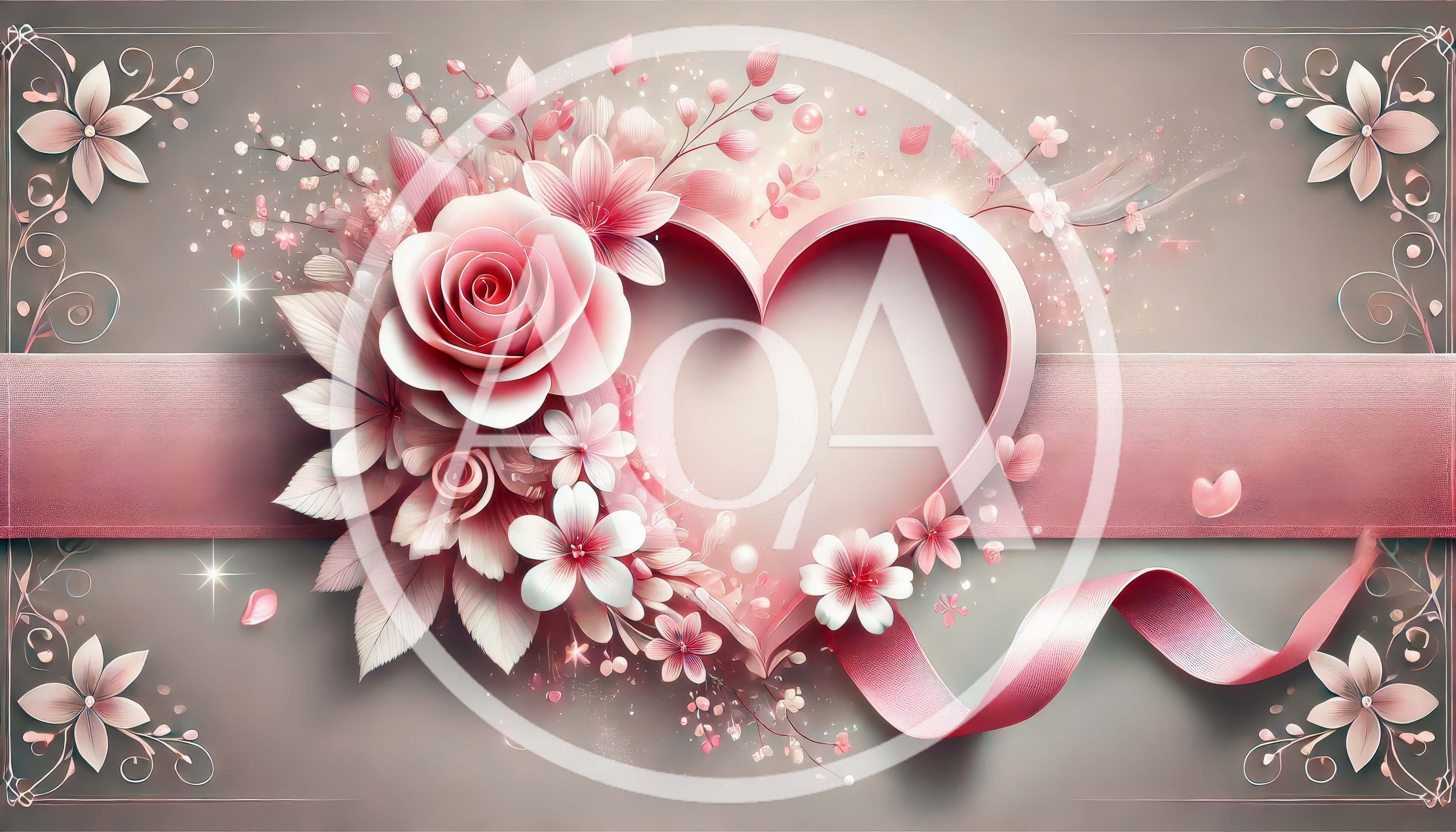 Romantic Pink Heart Frame With Floral Decorations