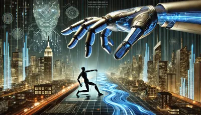 Futuristic Robotic Hand Controlling Humanoid Puppet Over Cityscape