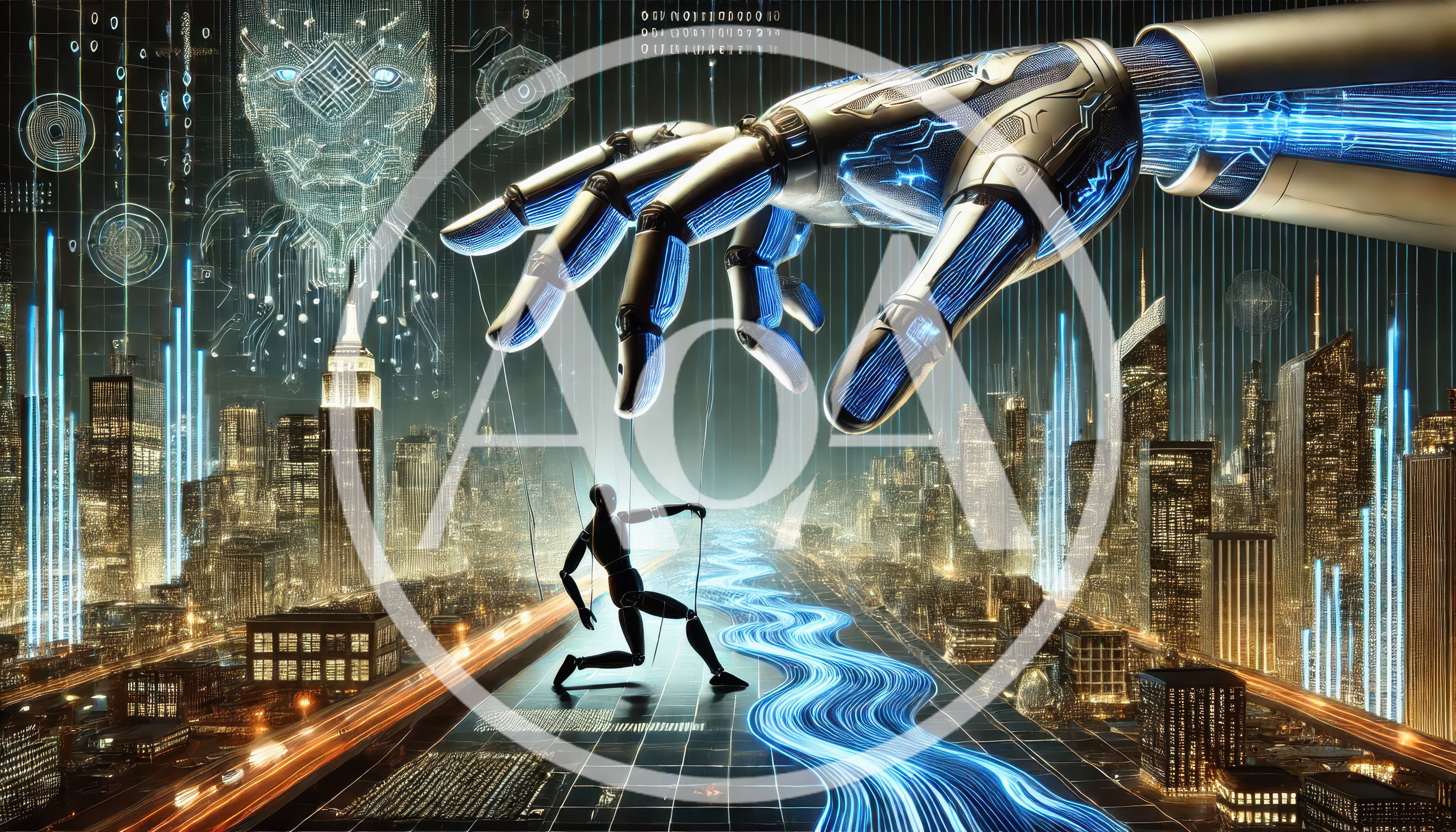 Futuristic Robotic Hand Controlling Humanoid Puppet Over Cityscape