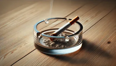 Lit Cigarette Resting In A Glass Ashtray