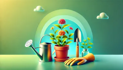 Gardening Tools and Potted Flowers on Table