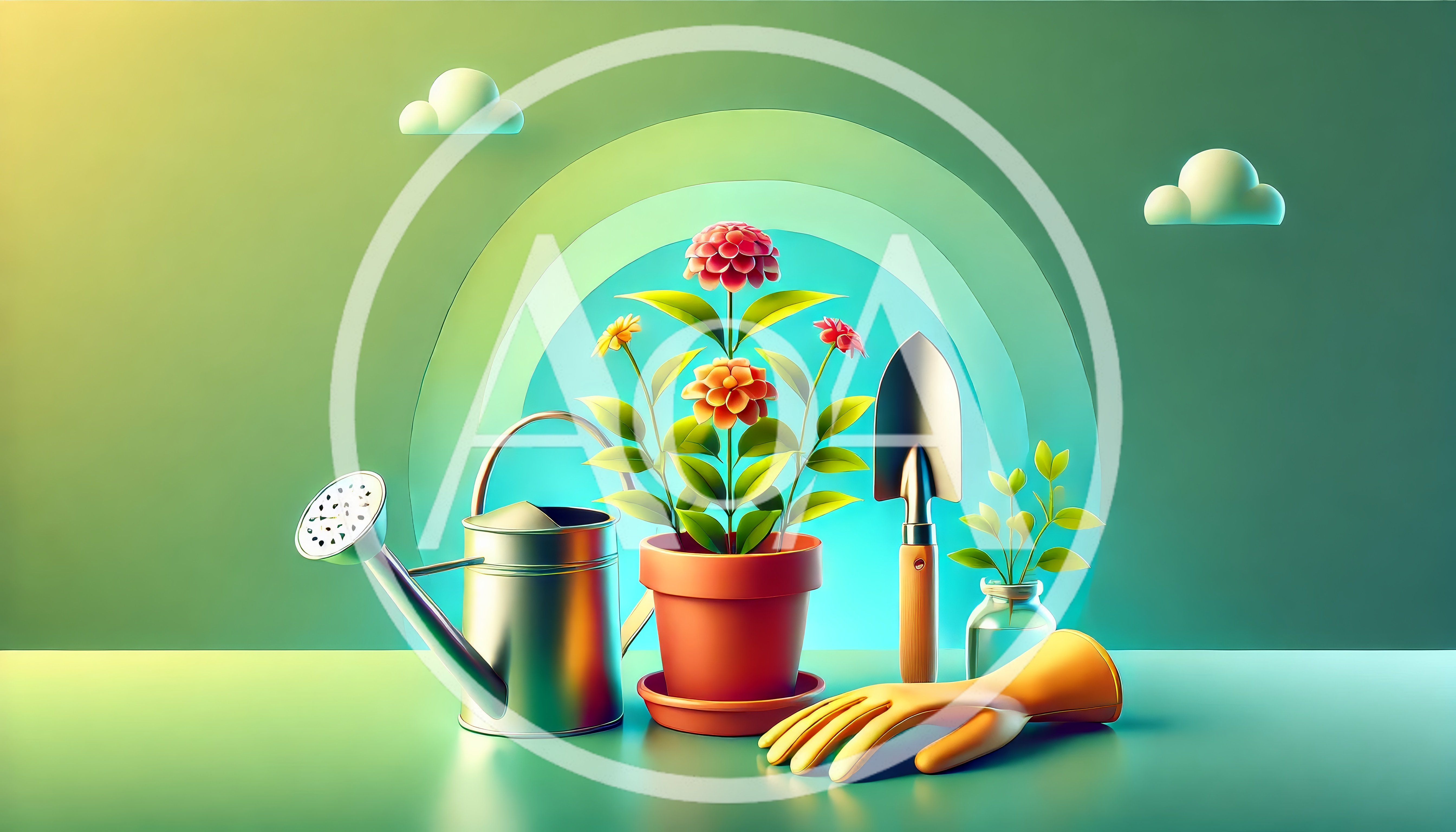 Gardening Tools and Potted Flowers on Table