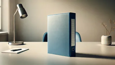 Blue Binder Standing On A Minimalist Office Desk