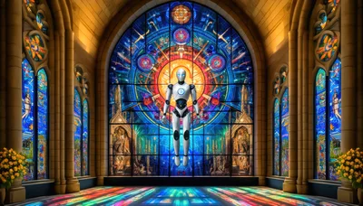 Futuristic Robot Floating Inside A Stained Glass Cathedral