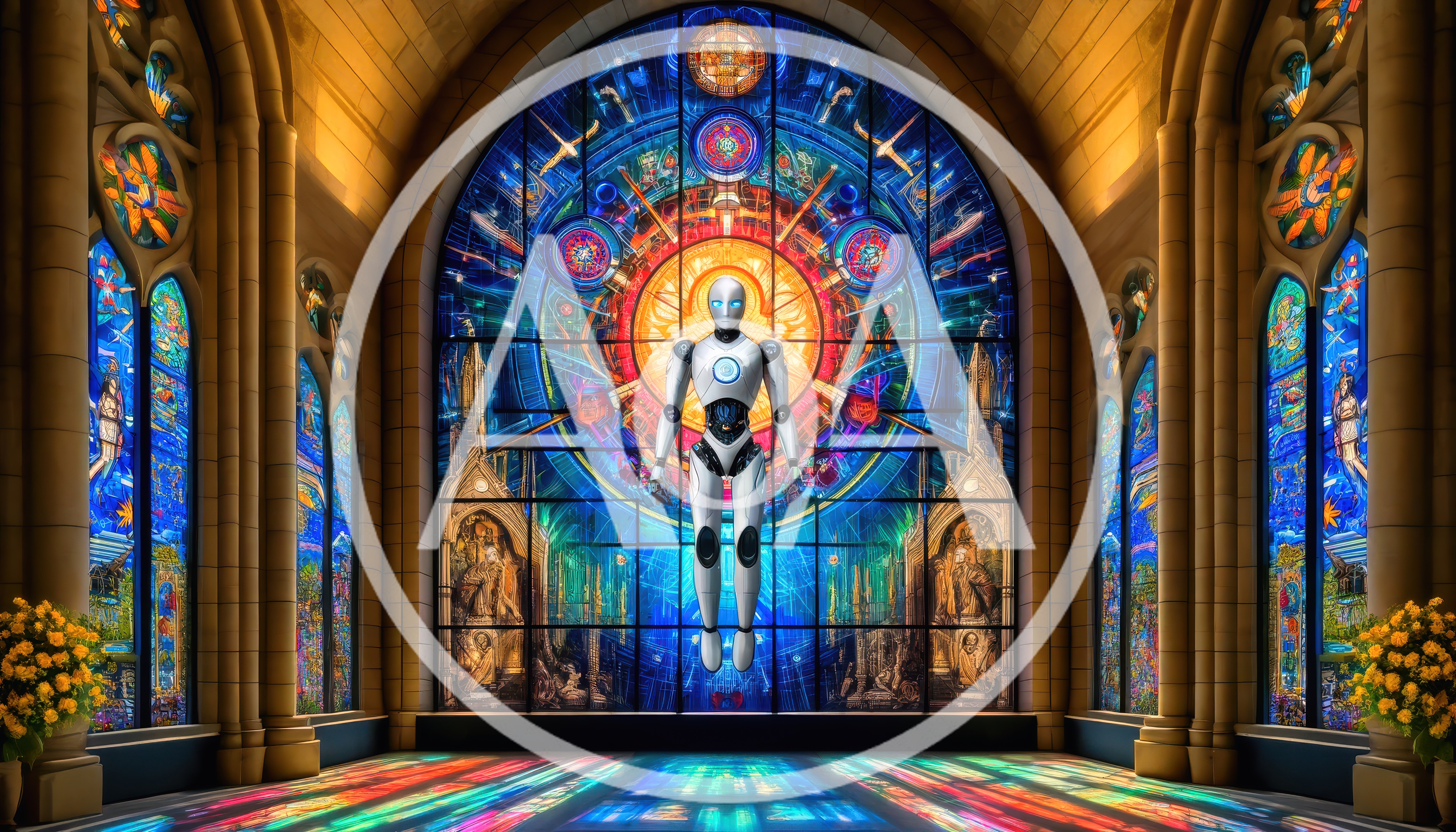 Futuristic Robot Floating Inside A Stained Glass Cathedral