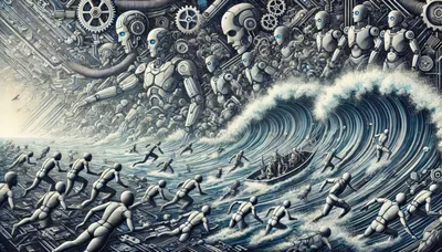 Robotic Army Advancing Through A Digital Ocean Wave