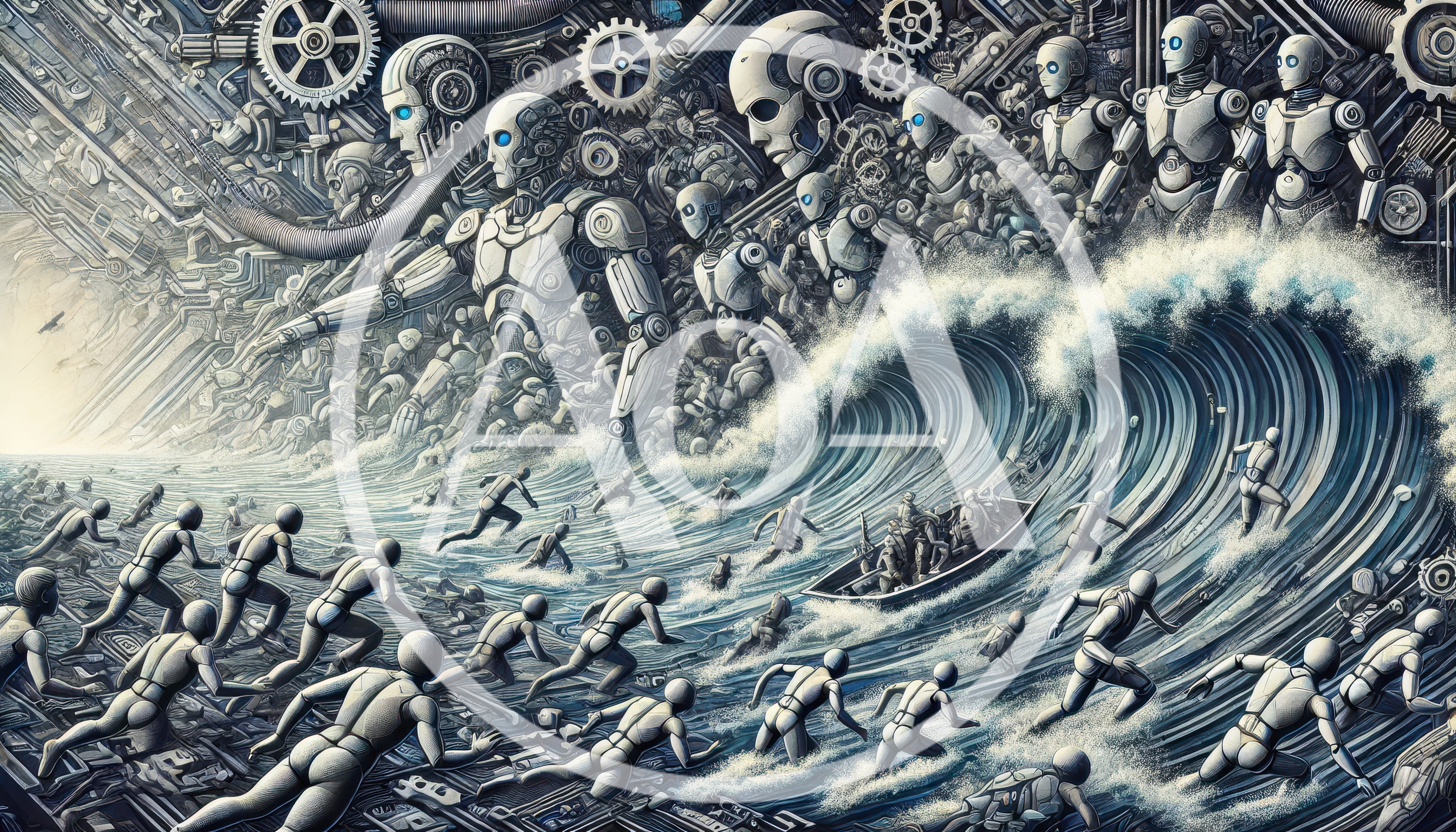Robotic Army Advancing Through A Digital Ocean Wave