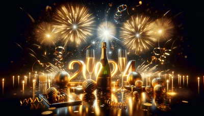 New Year 2024 Celebration With Champagne And Fireworks