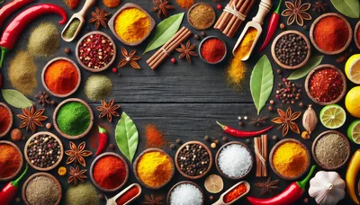 Assorted Spices and Herbs on Dark Wooden Background