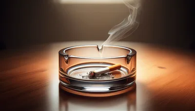 Lit Cigarette Resting In A Glass Ashtray