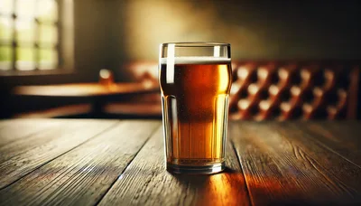 Pint Of Amber Beer On A Wooden Pub Table