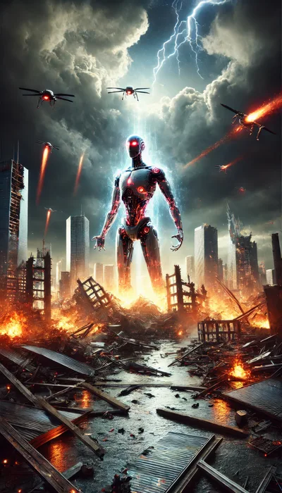 Giant Robotic Entity Attacking A Destroyed Futuristic City