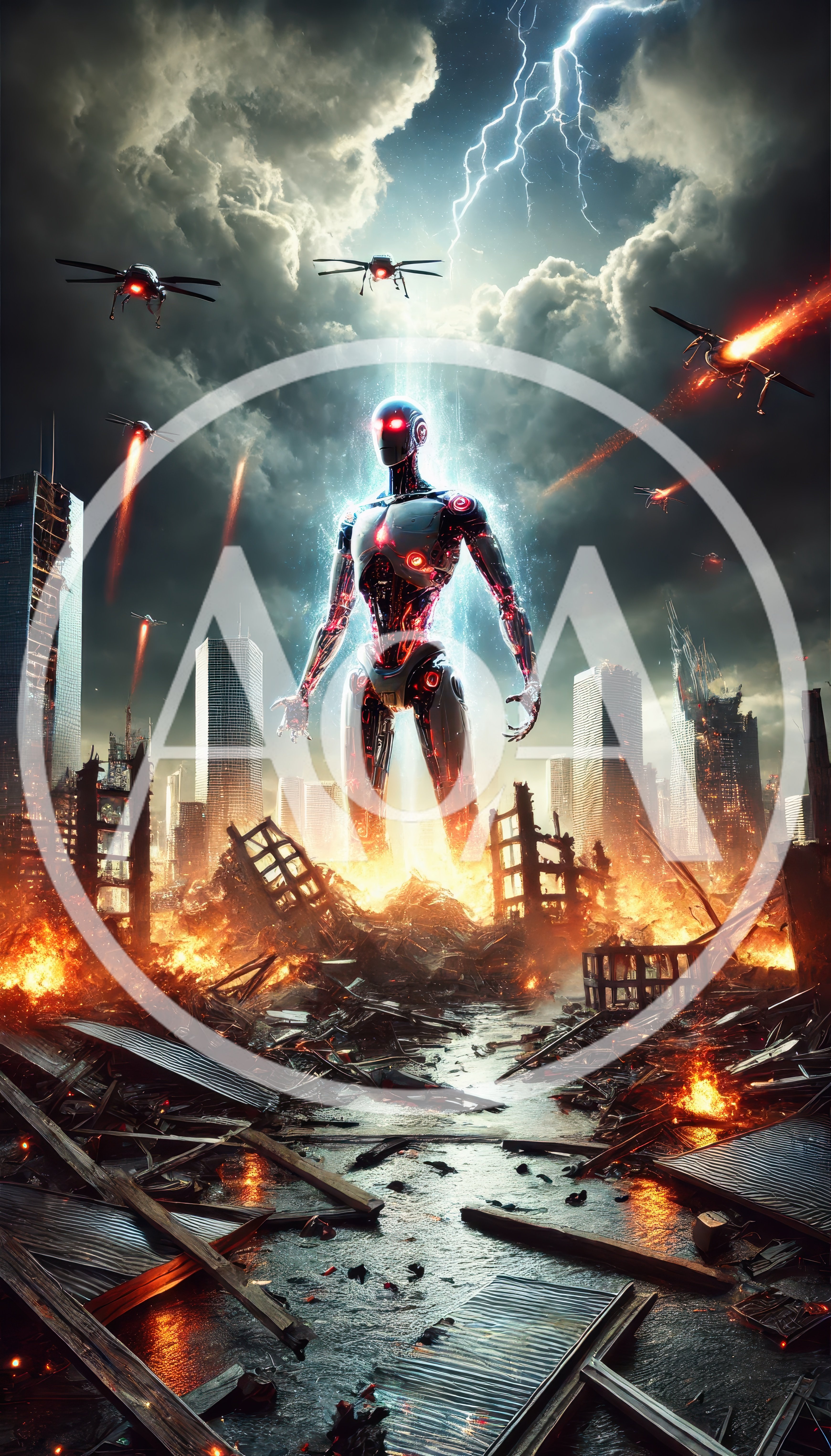 Giant Robotic Entity Attacking A Destroyed Futuristic City
