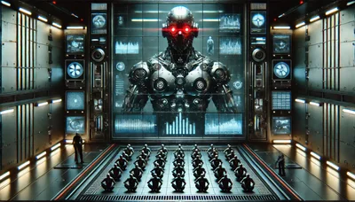 Cyborg Leader Addressing Rows Of Robotic Soldiers