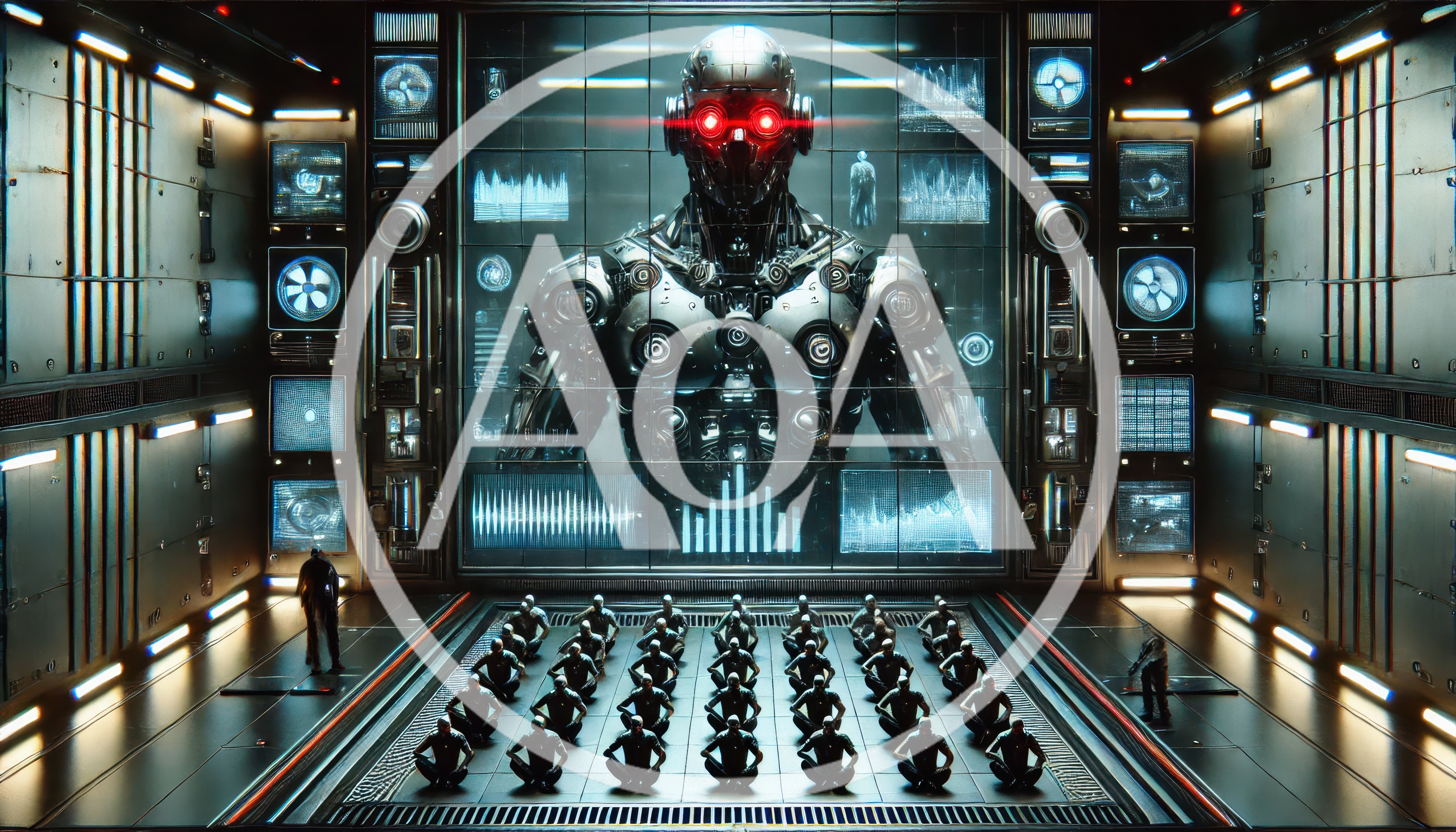 Cyborg Leader Addressing Rows Of Robotic Soldiers