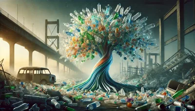 Surreal Tree Made Of Plastic Bottles In Polluted Landscape