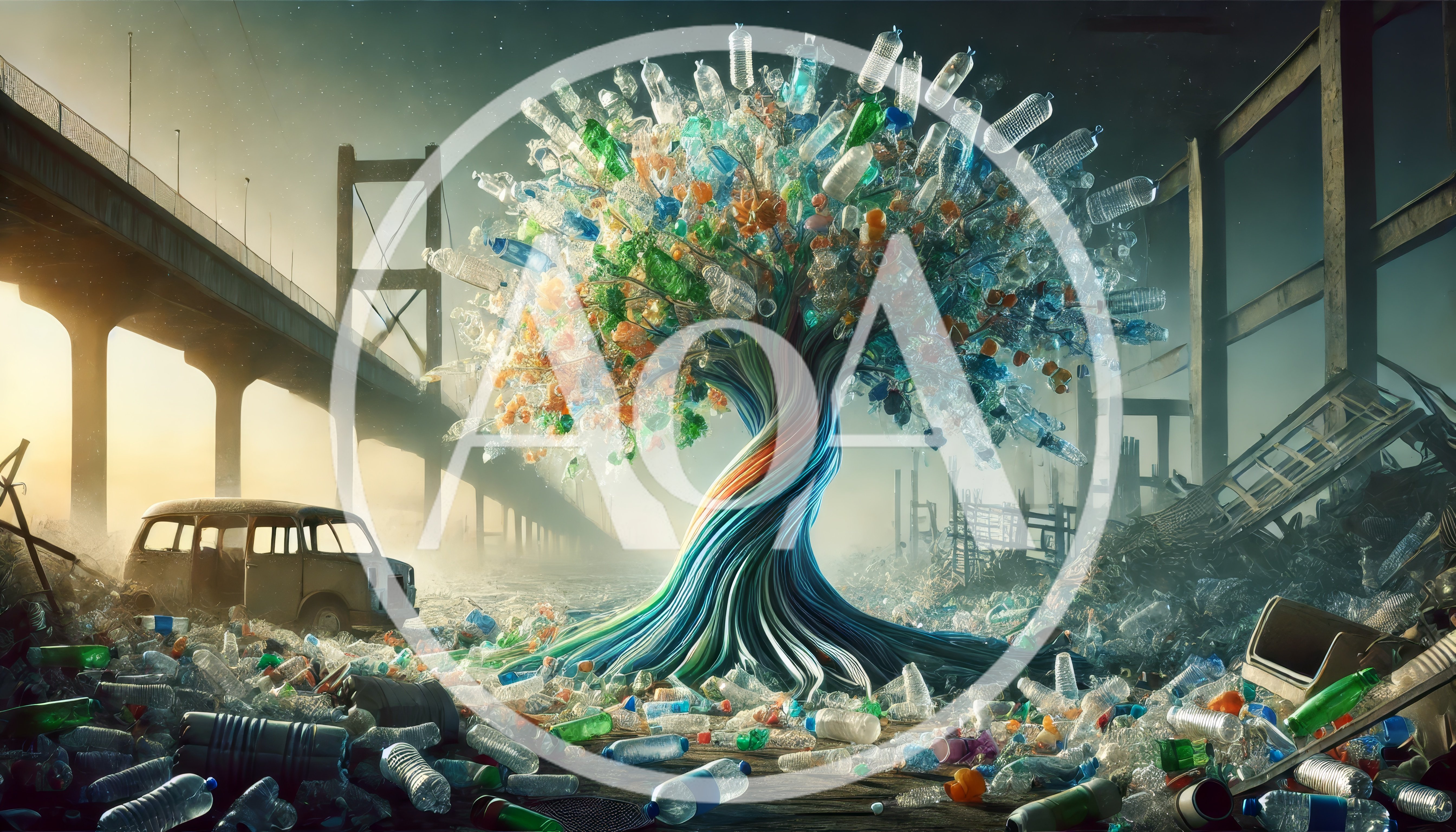 Surreal Tree Made Of Plastic Bottles In Polluted Landscape