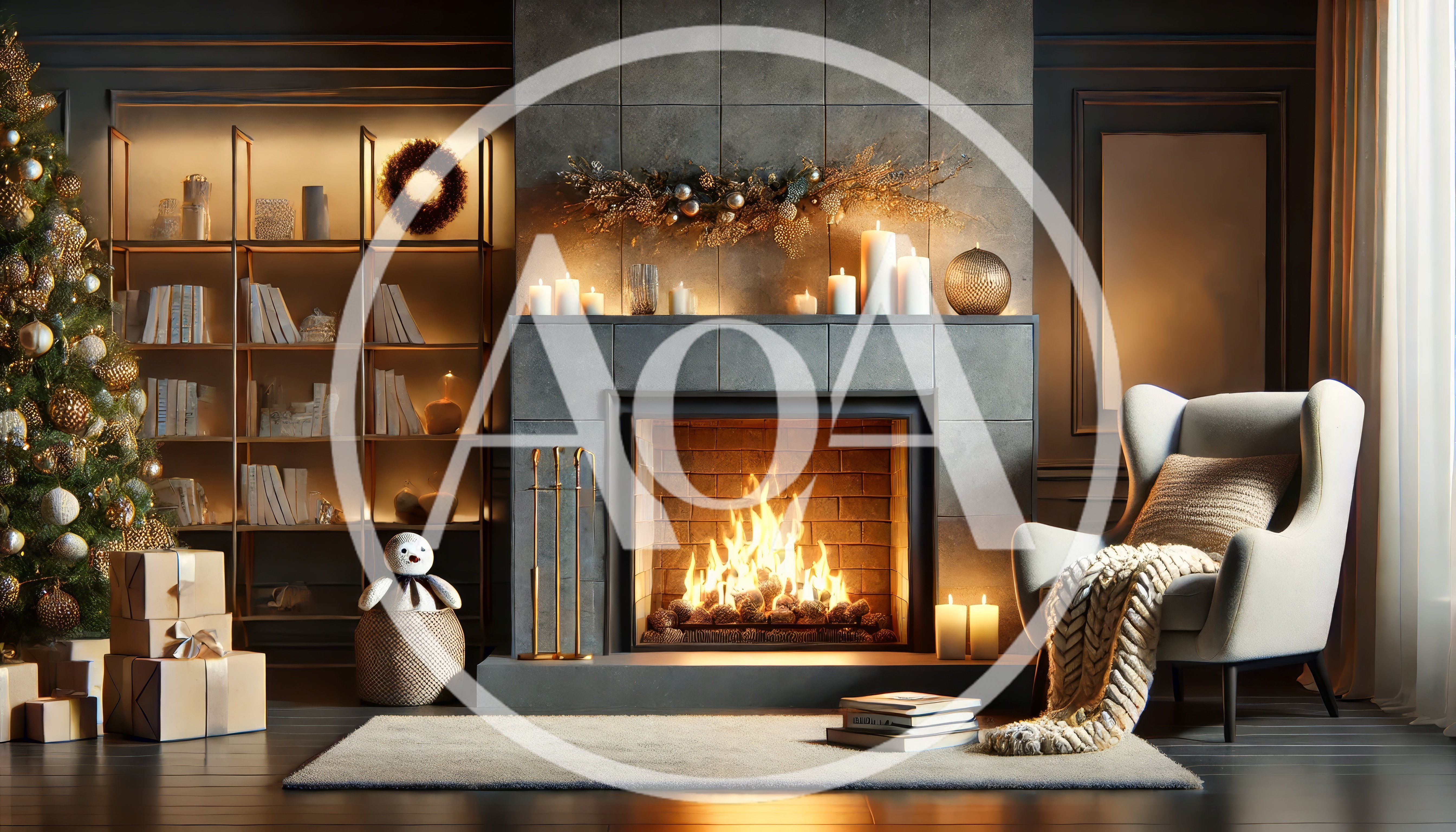 Cozy Living Room With Christmas Tree And Fireplace