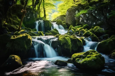 Cascading Waterfall In A Lush Mossy Forest