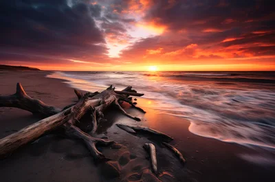 Driftwood Log On Sandy Beach At Sunset