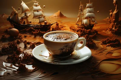 Surreal Coffee Cup With Miniature Sailing Ships