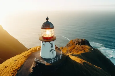 Aerial View Of Mykines Lighthouse At Sunset