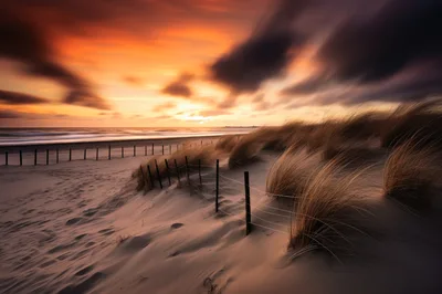 Golden Hour Sunset Over Coastal Sand Dunes