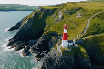 Aerial View Of A Red And White Lighthouse