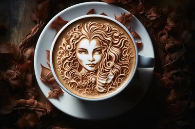 Intricate Portrait Latte Art In A White Coffee Cup