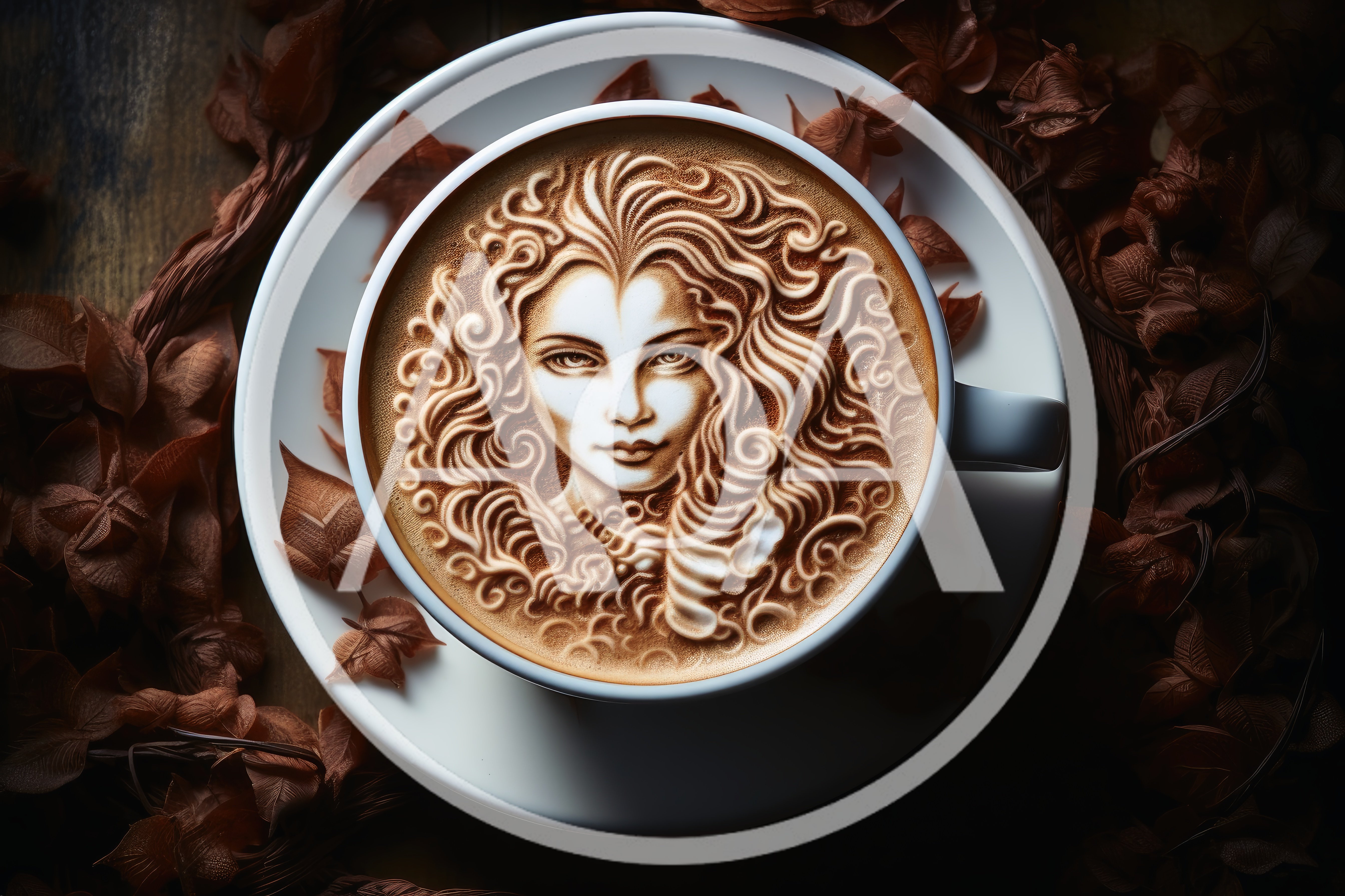 Intricate Portrait Latte Art In A White Coffee Cup