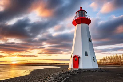 Scenic Lighthouse At Sunset On A Rocky Shoreline