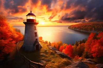 Lighthouse Overlooking A Scenic Autumn Lake At Sunset