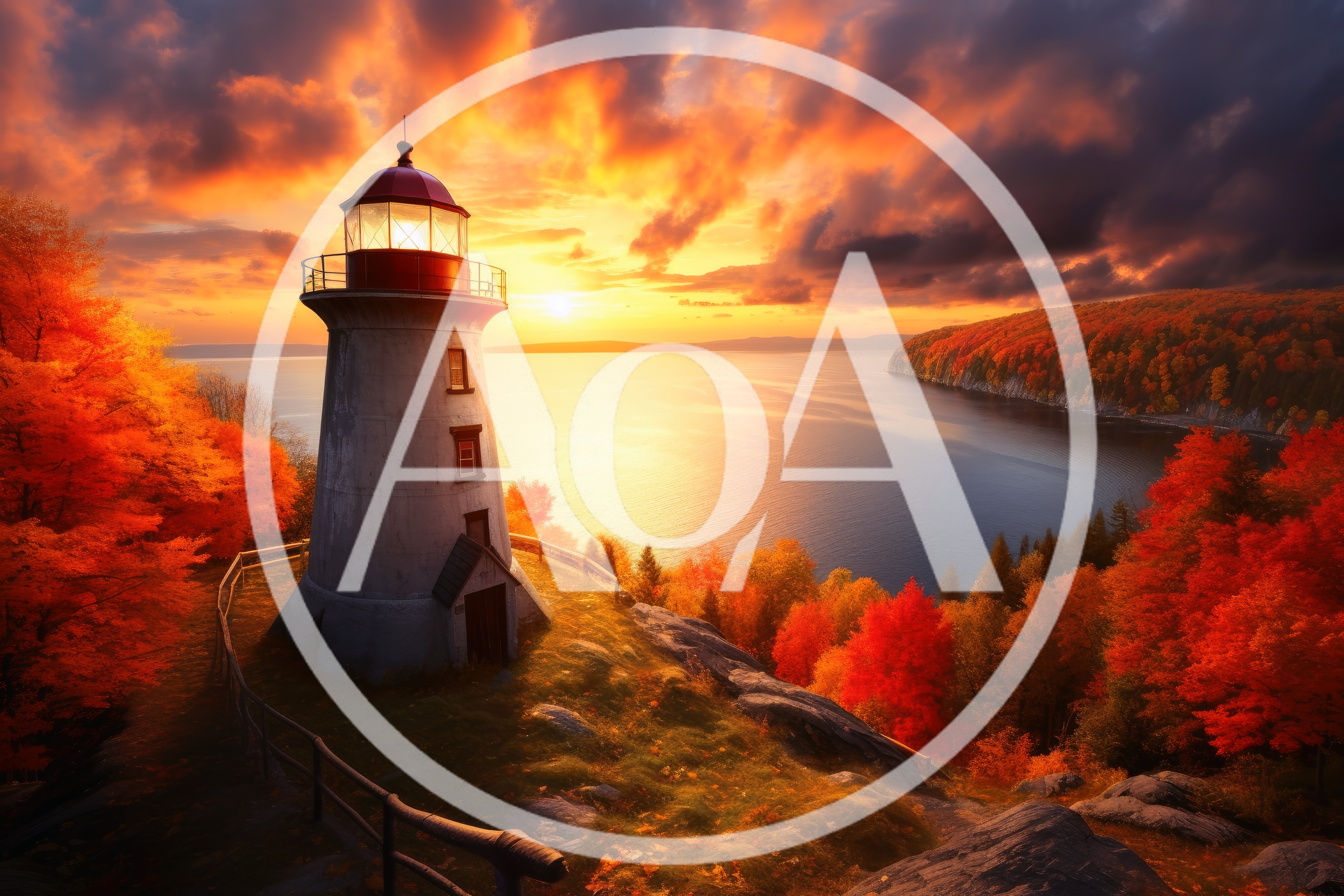 Lighthouse Overlooking A Scenic Autumn Lake At Sunset